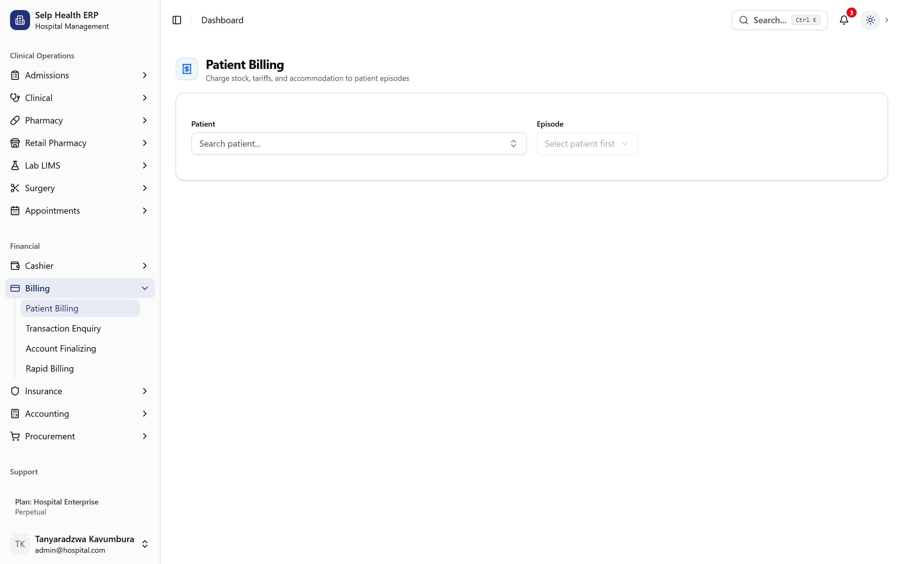 Patient billing — charge stock, tariffs & accommodation