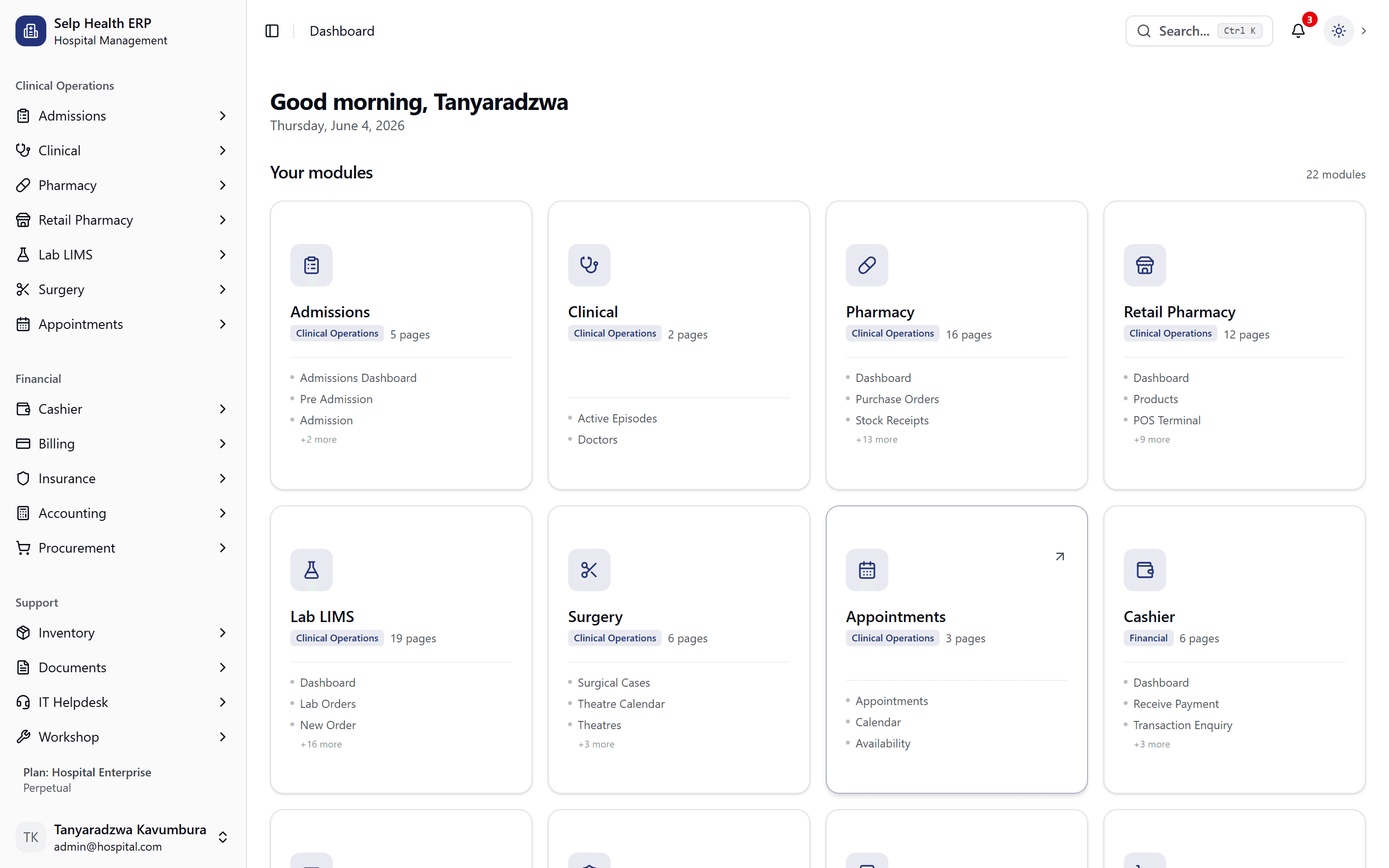 Unified dashboard — 22 modules at a glance