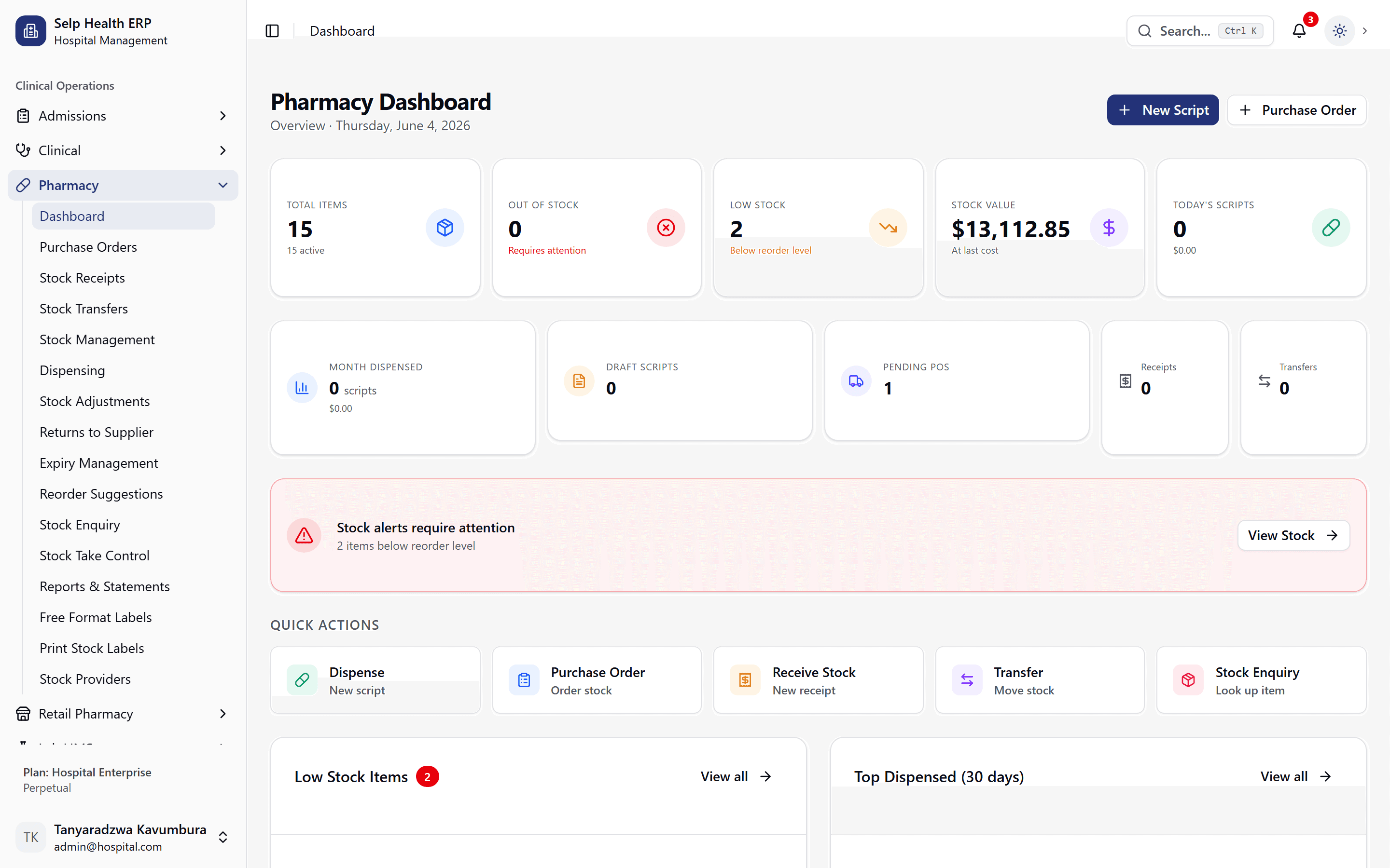 Pharmacy dashboard with live stock & dispensing metrics